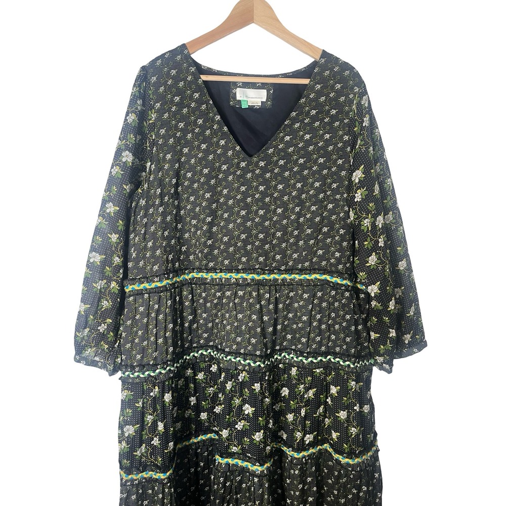 Anthropologie Floral Polka Dot Tiered Maxi Boho Dress Black 20W Braided Trim